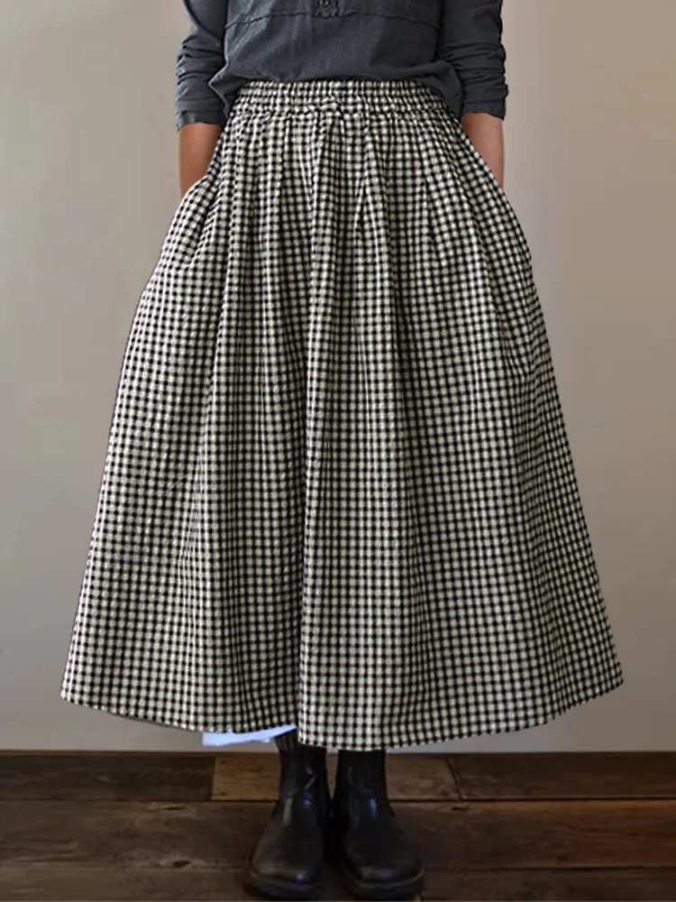 Wearshes Vintage Check Basic Pleated Wide Skirt