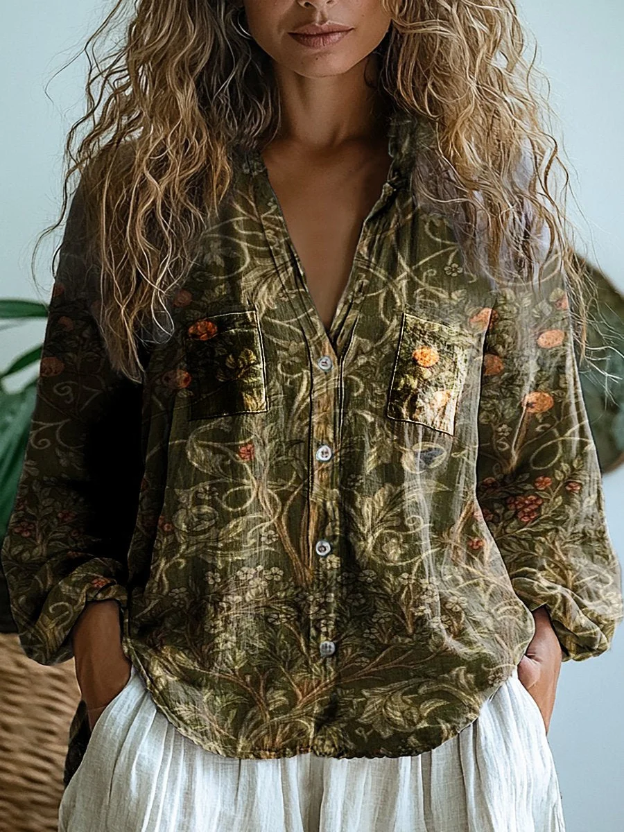 Women's Flowers Art Print Casual Long Sleeve Comfortable Cotton Shirt