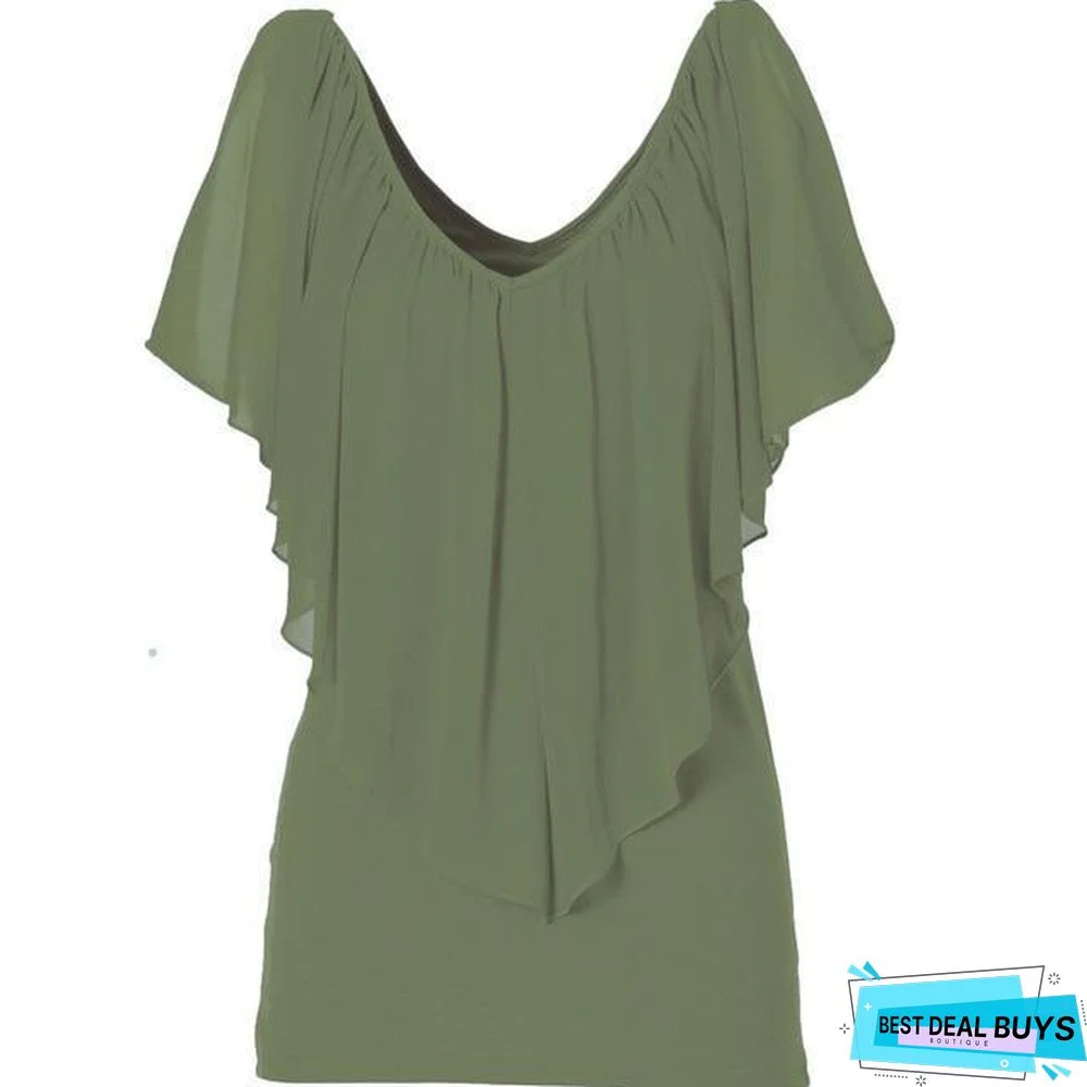 Women Sexy V Neck Cold Shoulder Ruffle Chiffon Solid Pleated Tops Plus Size Blouse Shirt