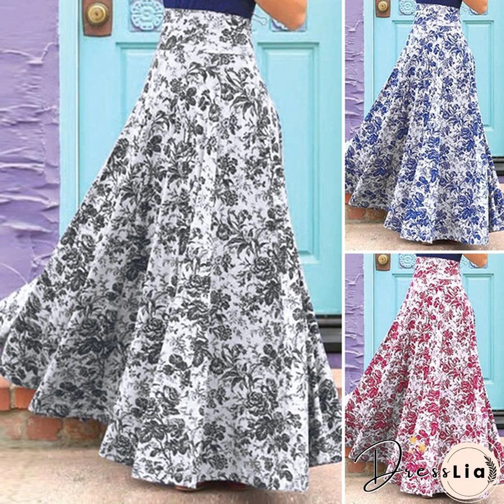 Womens A Line Skirts Summer Floral Printed Casual Loose High Waist Dress