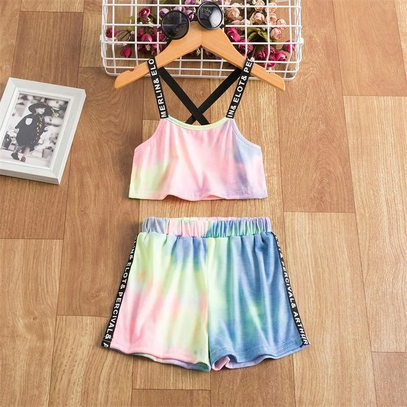 Summer Girls Tie Dye Clothing Set Gradient Sling Sleeveless Crop Tops+Pants Baby Kids Tracksuit Children Rainbow Party Beachwear