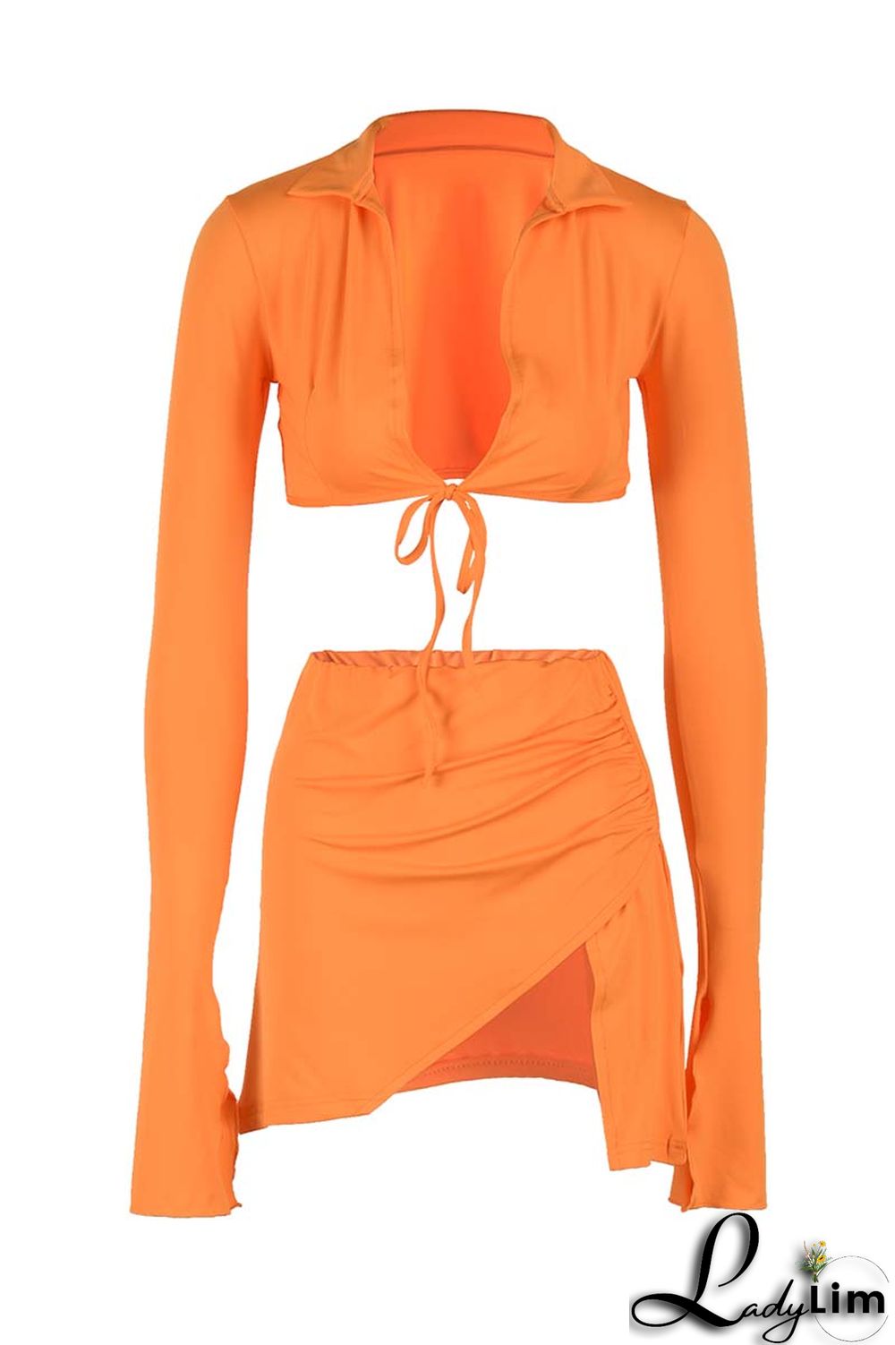 Yellow Fashion Sexy Solid Bandage Slit V Neck Long Sleeve Two Pieces