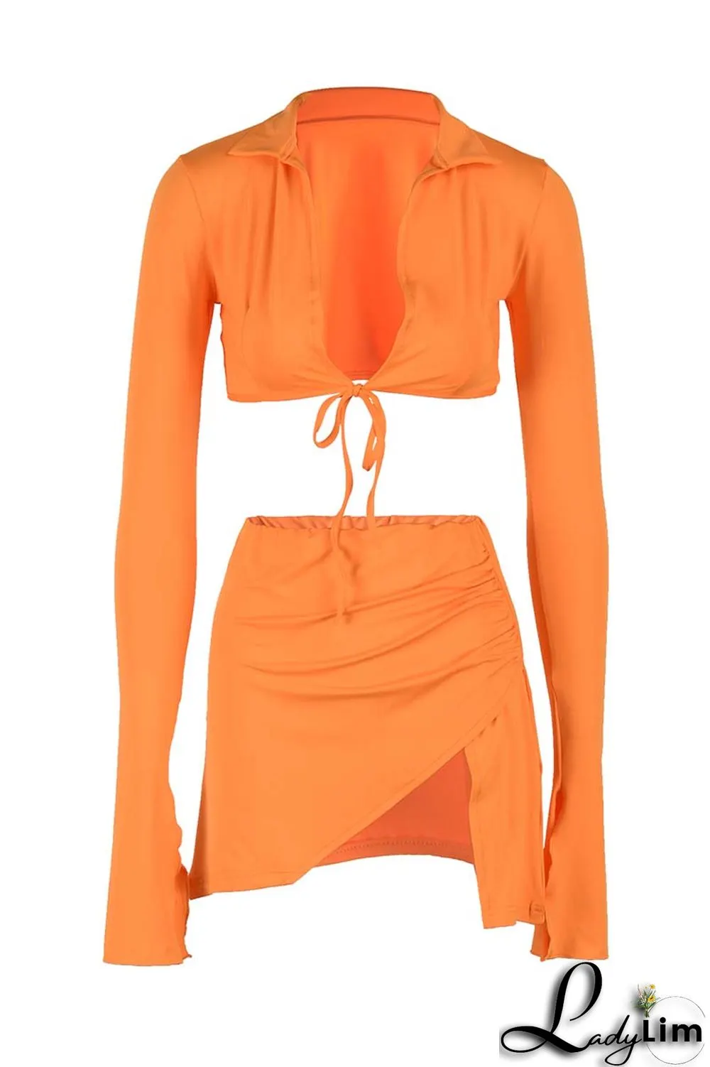 Yellow Fashion Sexy Solid Bandage Slit V Neck Long Sleeve Two Pieces