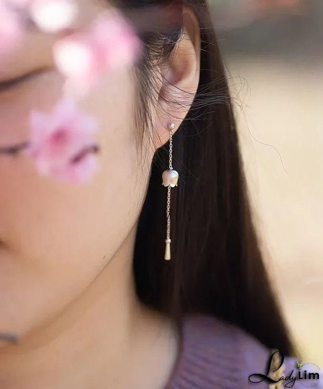 Chinese Style Silk Sterling Silver Aasymmetric Tassel Drop Earrings