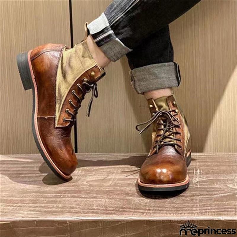 Men's Retro Casual Fashion Lace-Up Patchwork Design Martin Boots
