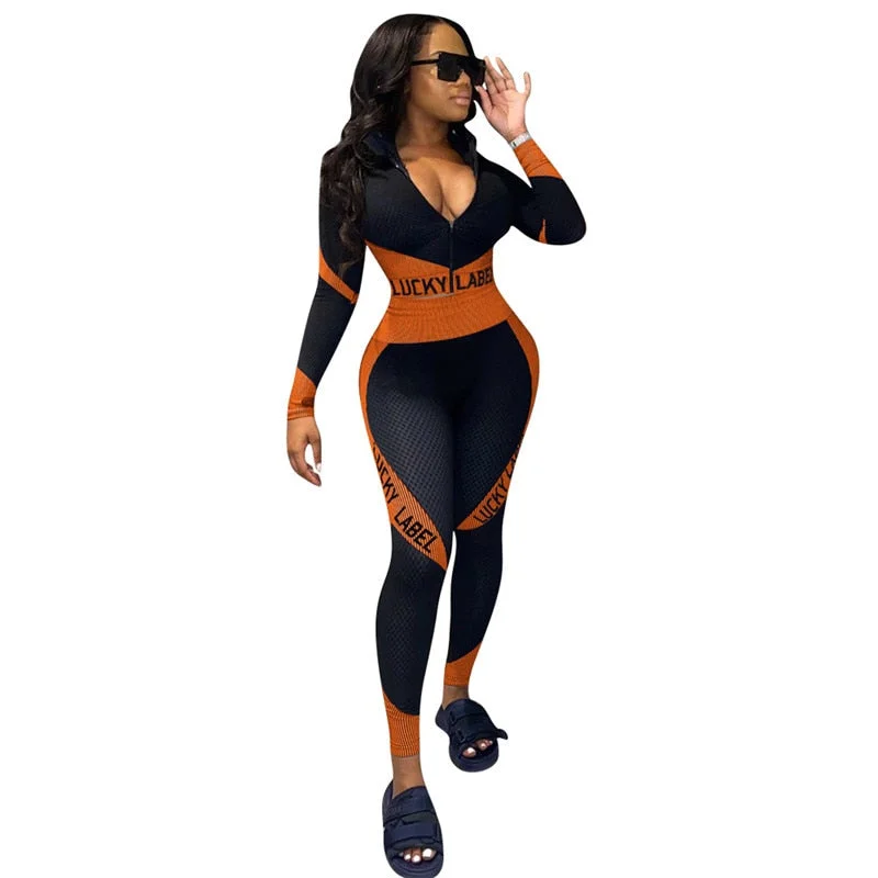 Lucky Label 2 Piece Set Women V Neck Zipper Top Leggings Stretch Bodycon Jogger Outfit Street Sport Wear Wholesale Dropshipping