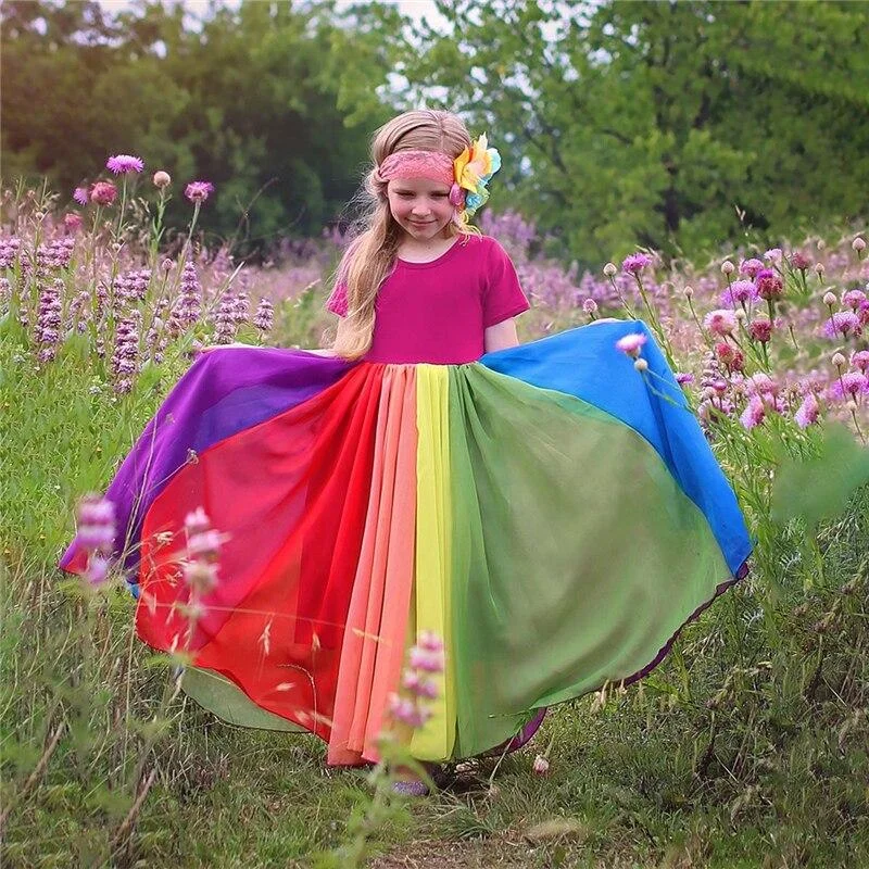 2021 Spring Girls Dress Brand New Arrival Kids Pastel Rainbow Dress Cotton Ankle-length Princess Dress for Girls Casual Clothing