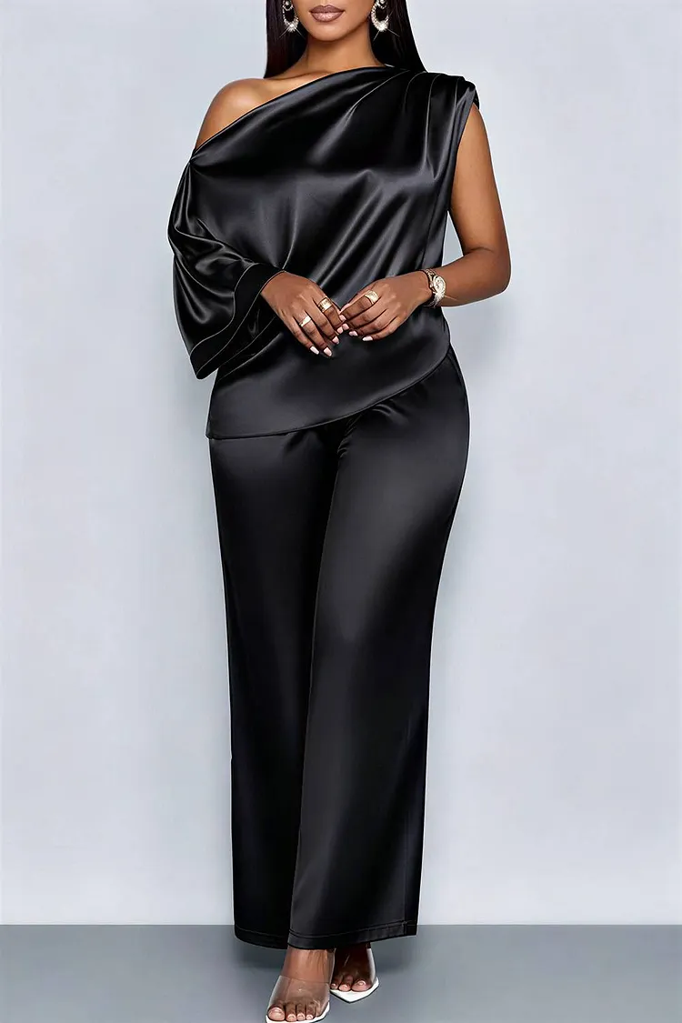 Plus Size Business Casual Black Elegant Oblique Collar Short Sleeve Pocket Satin Two Piece Pant Sets 2024 - Xpluswear