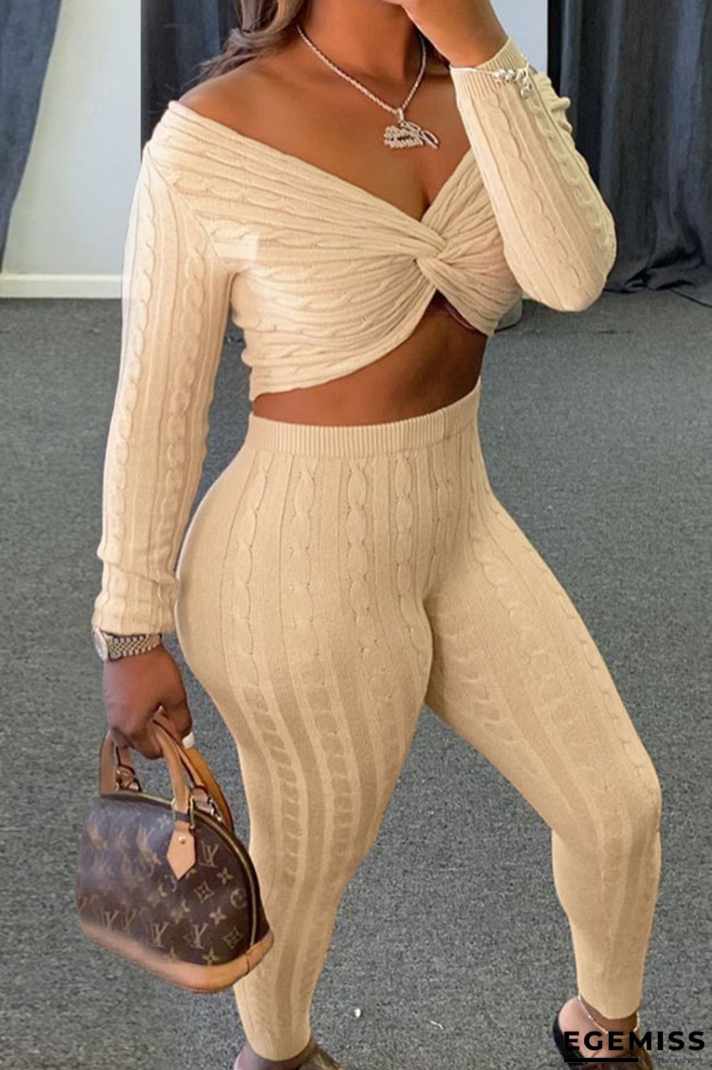 Apricot Fashion Casual Adult Solid Knotted V Neck Long Sleeve Regular Sleeve Short Two Pieces | EGEMISS