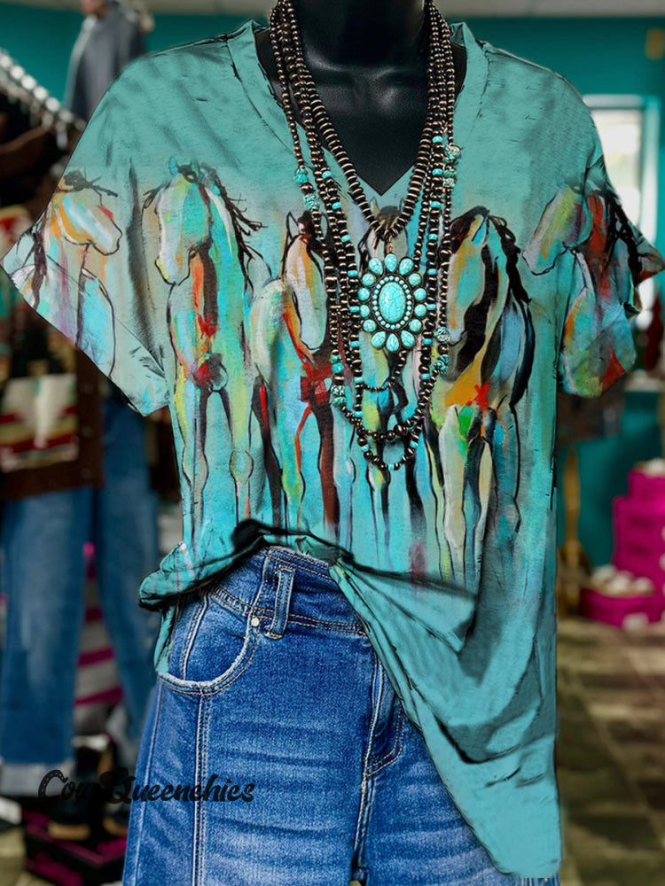 Horse Prints V-neck Casual T-Shirt Multicolor / S