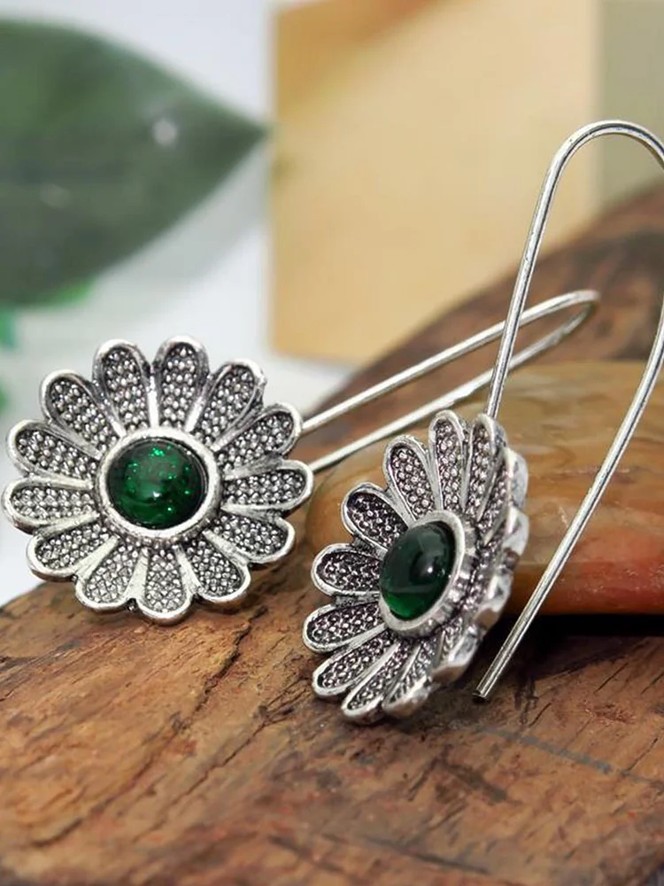 Ancient Silver Lotus Emerald Earrings socialshop