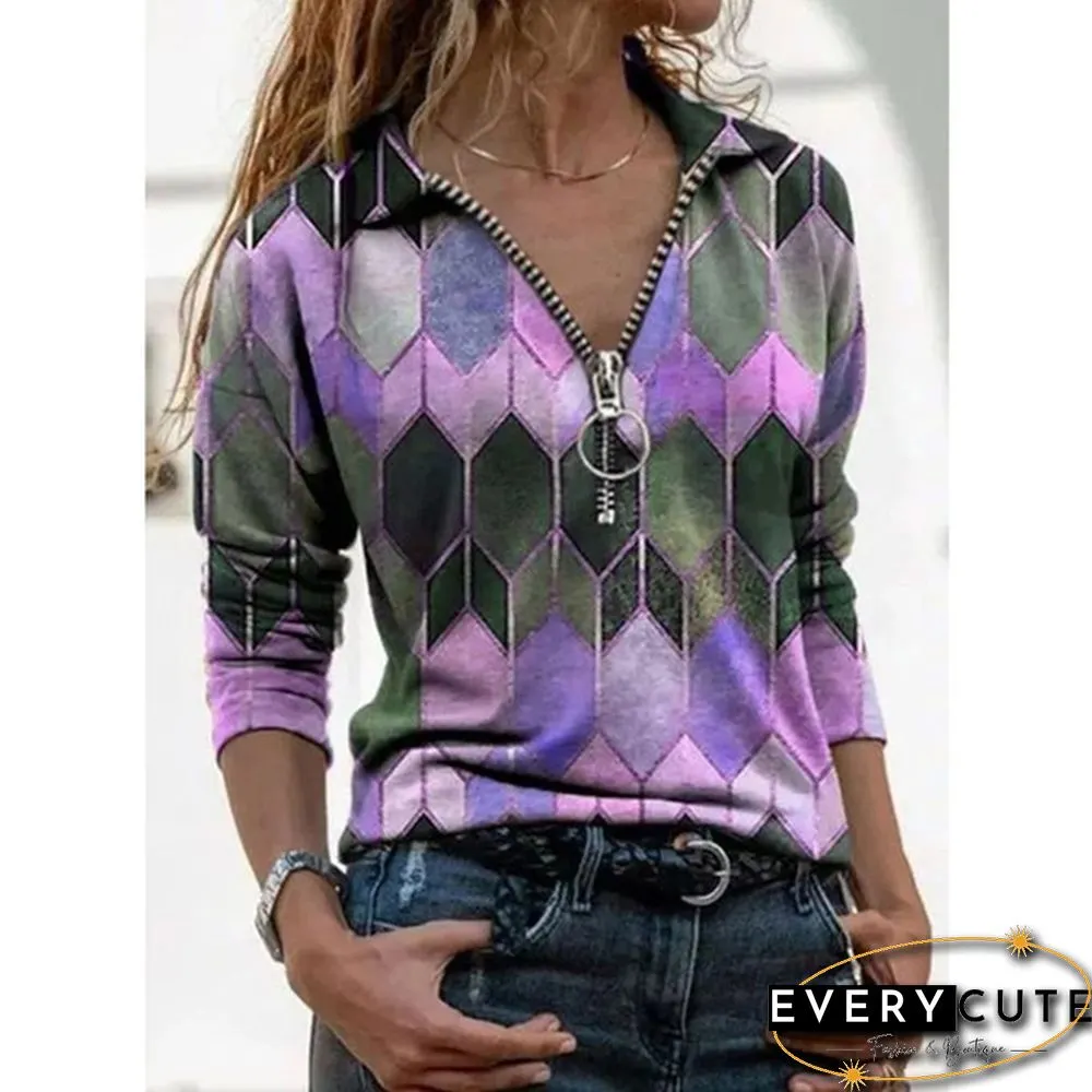 Womens Fashion Printed V-neck Long Sleeve Shirts Casual Zipper Turn-down Collar Cotton