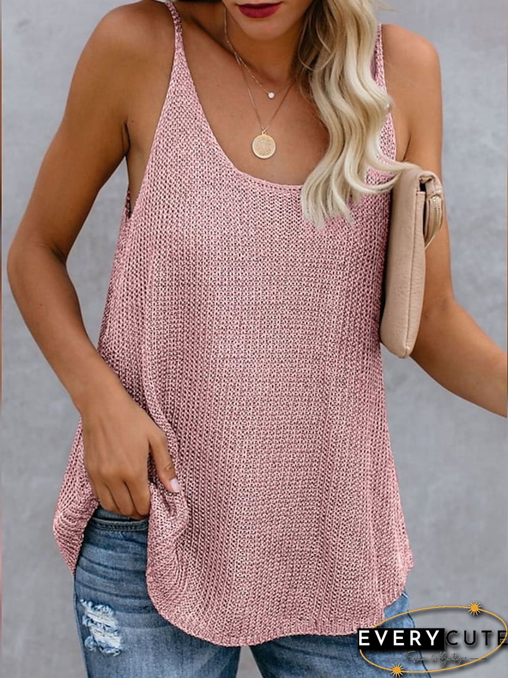 Women's Tank Top Color Block Round Neck Tops Cotton Basic Top White Blue Blushing Pink