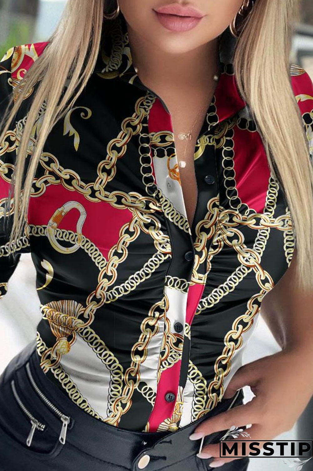 Black Red Casual Print Patchwork Shirt Collar Tops