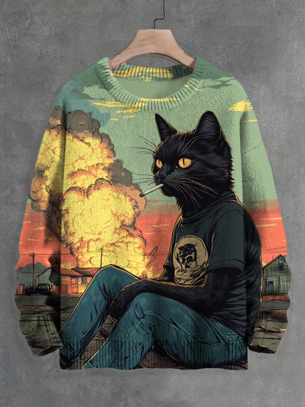 Men's Explosion and The Calm Black Cat Print Knit Sweatshirt