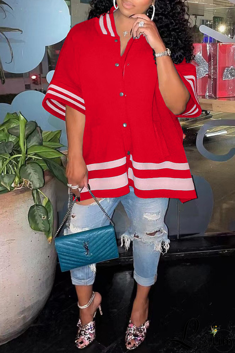 Red Fashion Solid Buckle Mandarin Collar Outerwear