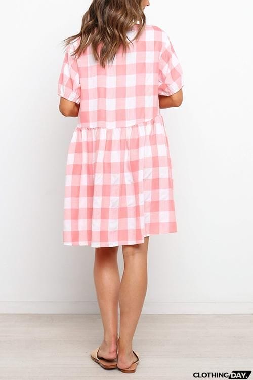 Plaid Pockets V Neck Mini Dress
