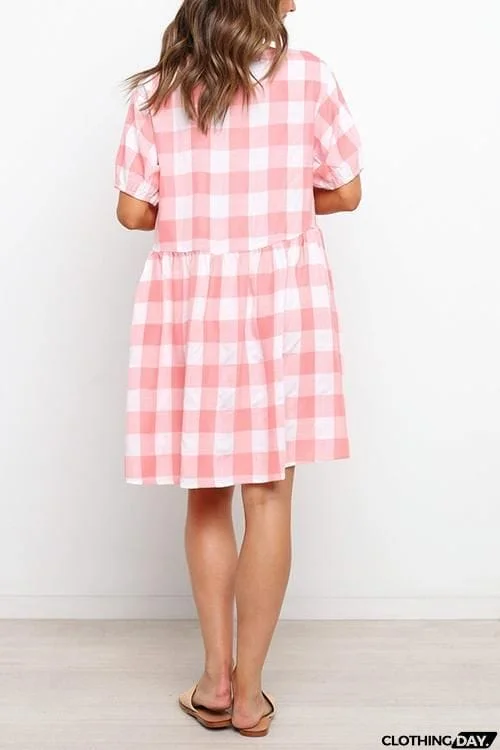 Plaid Pockets V Neck Mini Dress