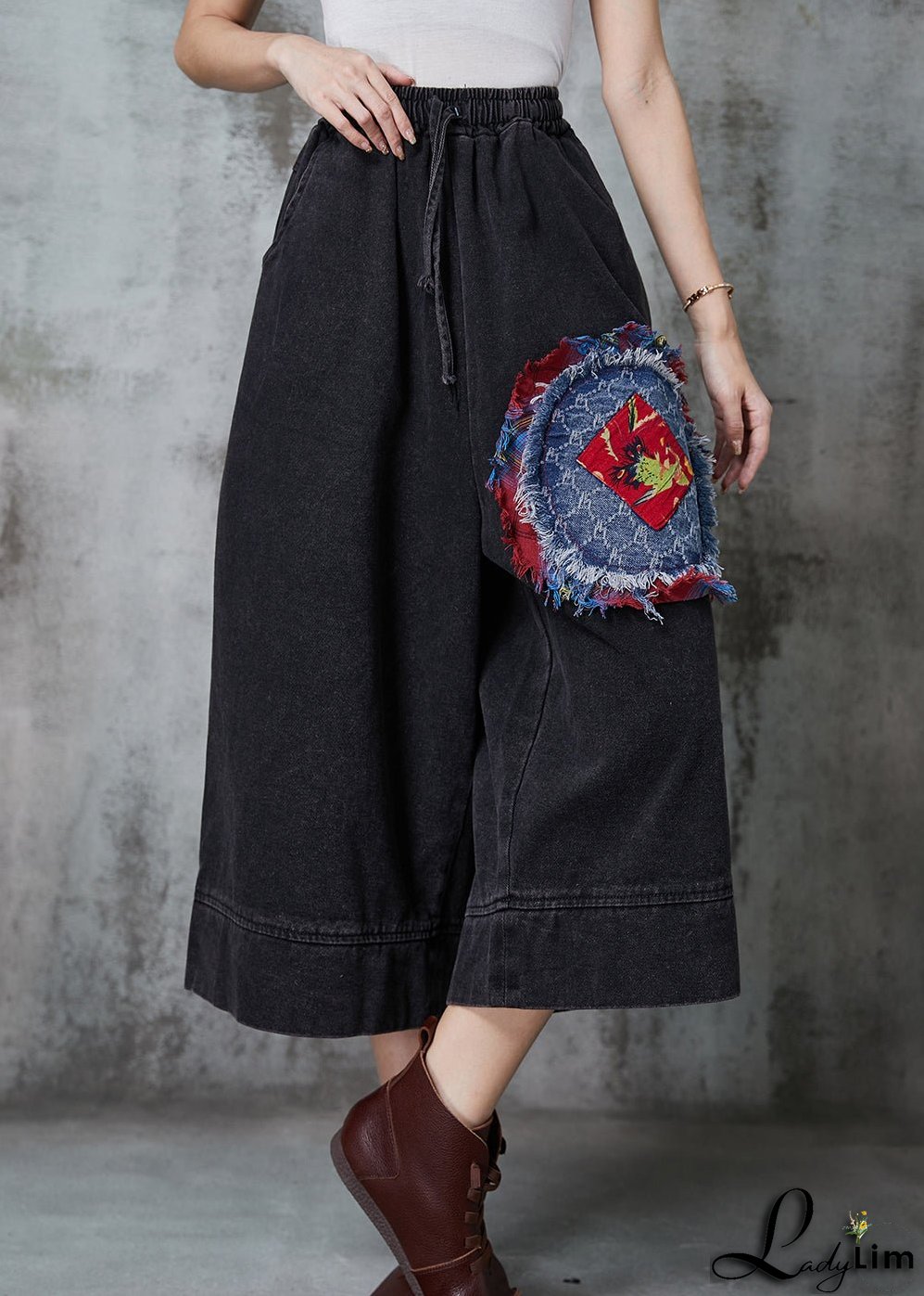 Art Black Oversized Patchwork Denim Wide Leg Pants Summer