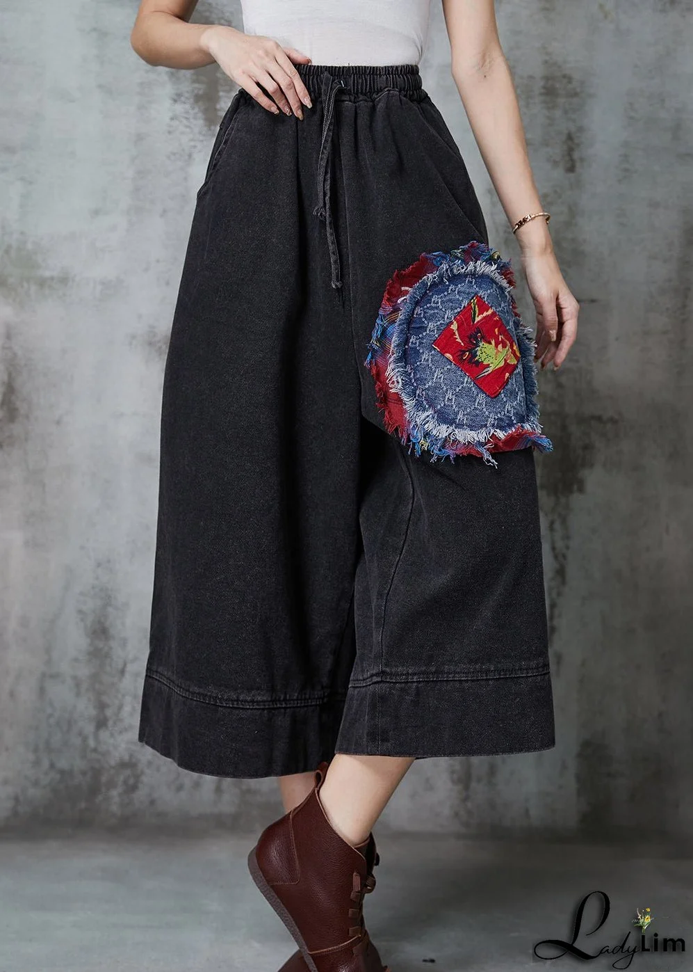 Art Black Oversized Patchwork Denim Wide Leg Pants Summer