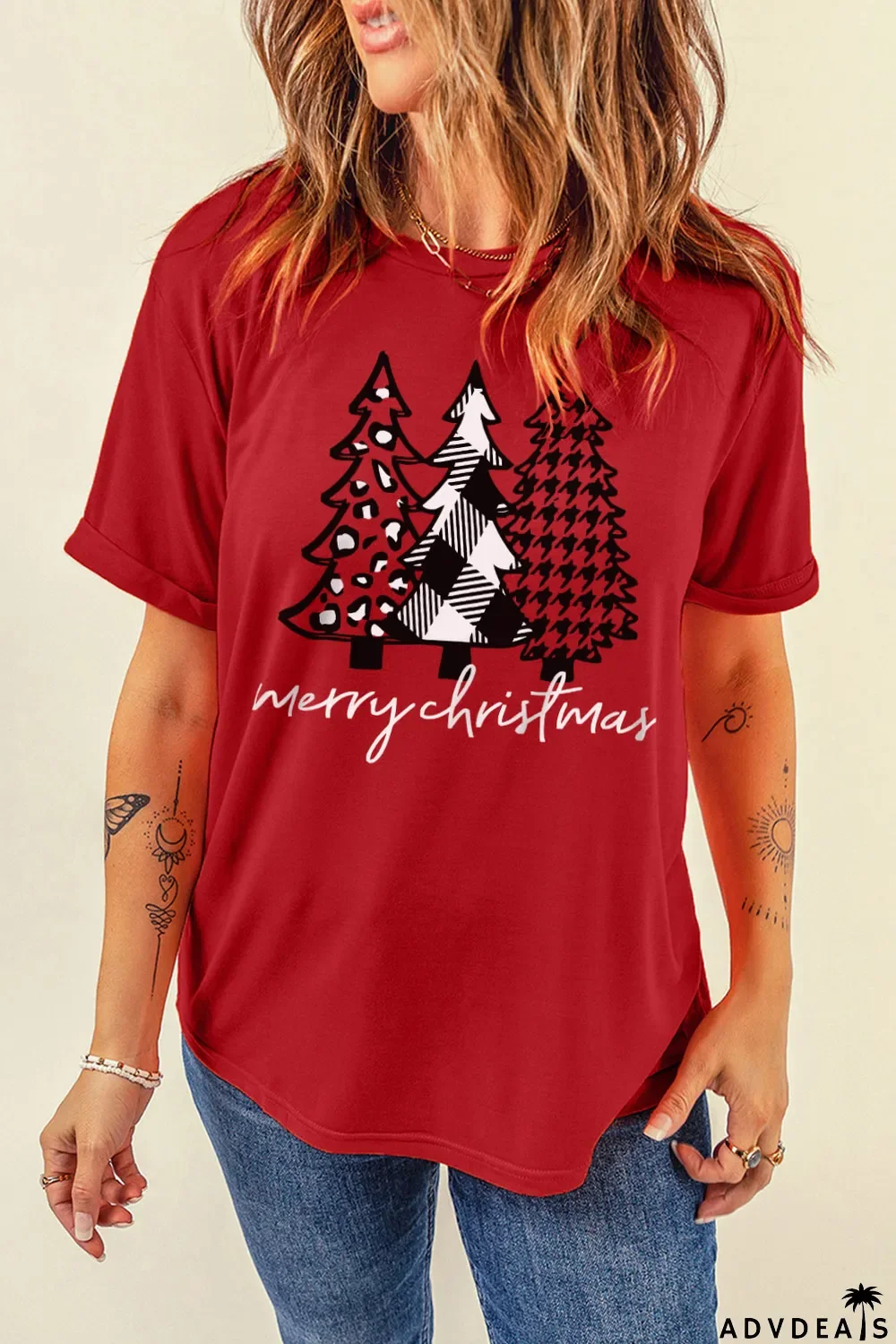 Red Merry Christmas Trees Graphic Print Short Sleeve T Shirt