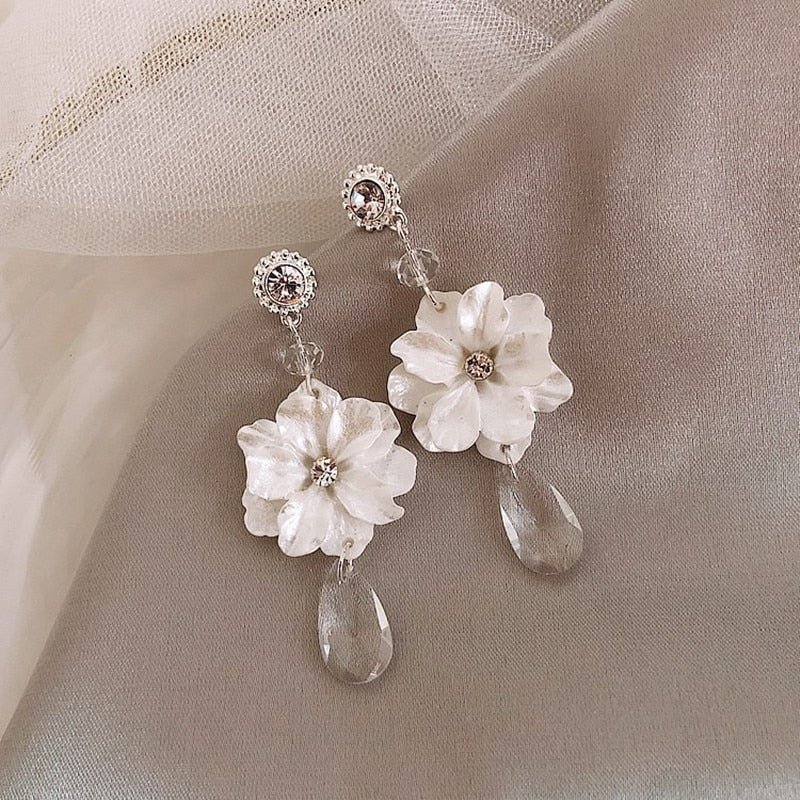 White Crystal Flower Drop Earrings