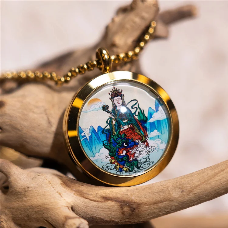 Thangka Buddha Manjushri Wisdom Pendant Necklace with Iconic Wutai Mountain Pagoda