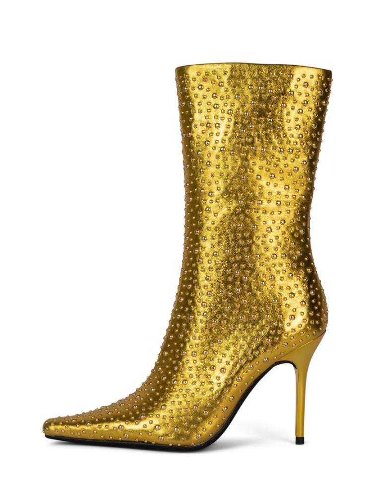 Fashion Stud Metallic Bright Mid-Calf Pointed-Toe Stiletto Heel Boots