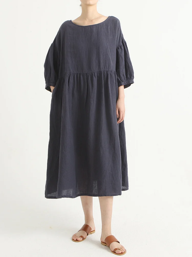 Plus Size Casual Linen Pleated Summer Loose Dress