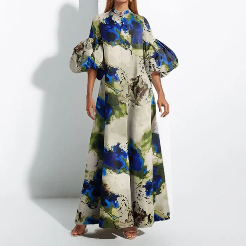 Brownm Brownm 2024 New Women's Wear Temperament Loose Printing And Painted Women's Large Swing Bubble Sleeve Dress