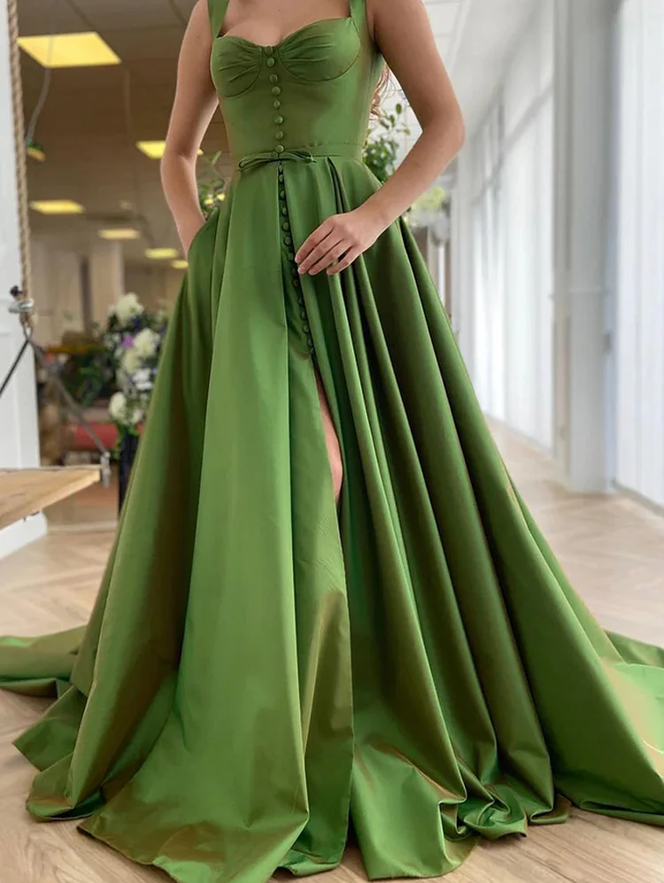 Green Sweetheart Simple Evening Dress Long Train High Slit Prom Gowns