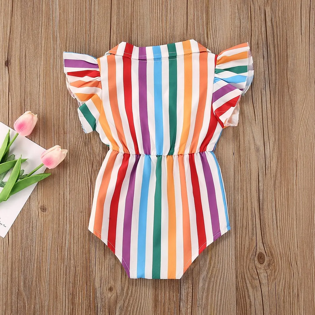 2020 Baby Summer Clothing Baby Girl Romper Colorful Striped Rainbow Vertical Stripes Shirt Style Single-breasted High Waist