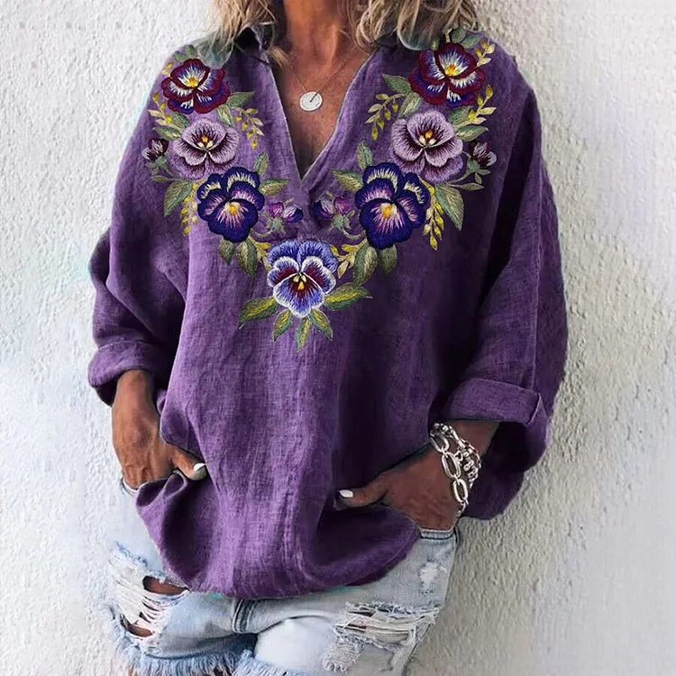 Comstylish Women's Purple Floral Design Casual V Neck Shirt