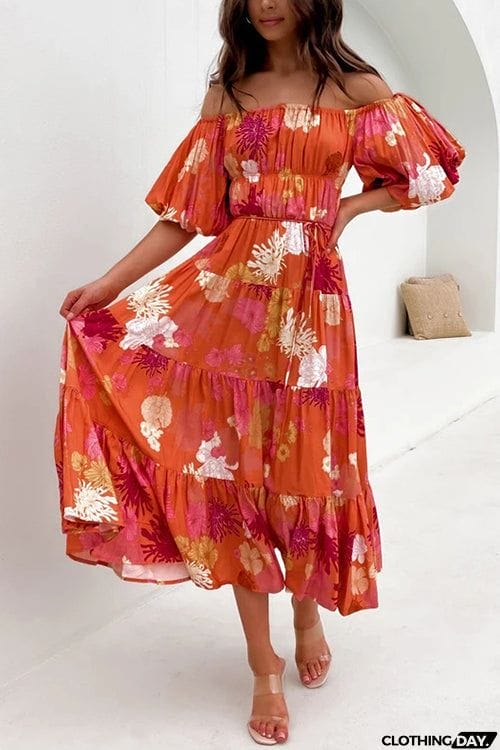 Floral Off Shoulder Shirring Maxi Dress