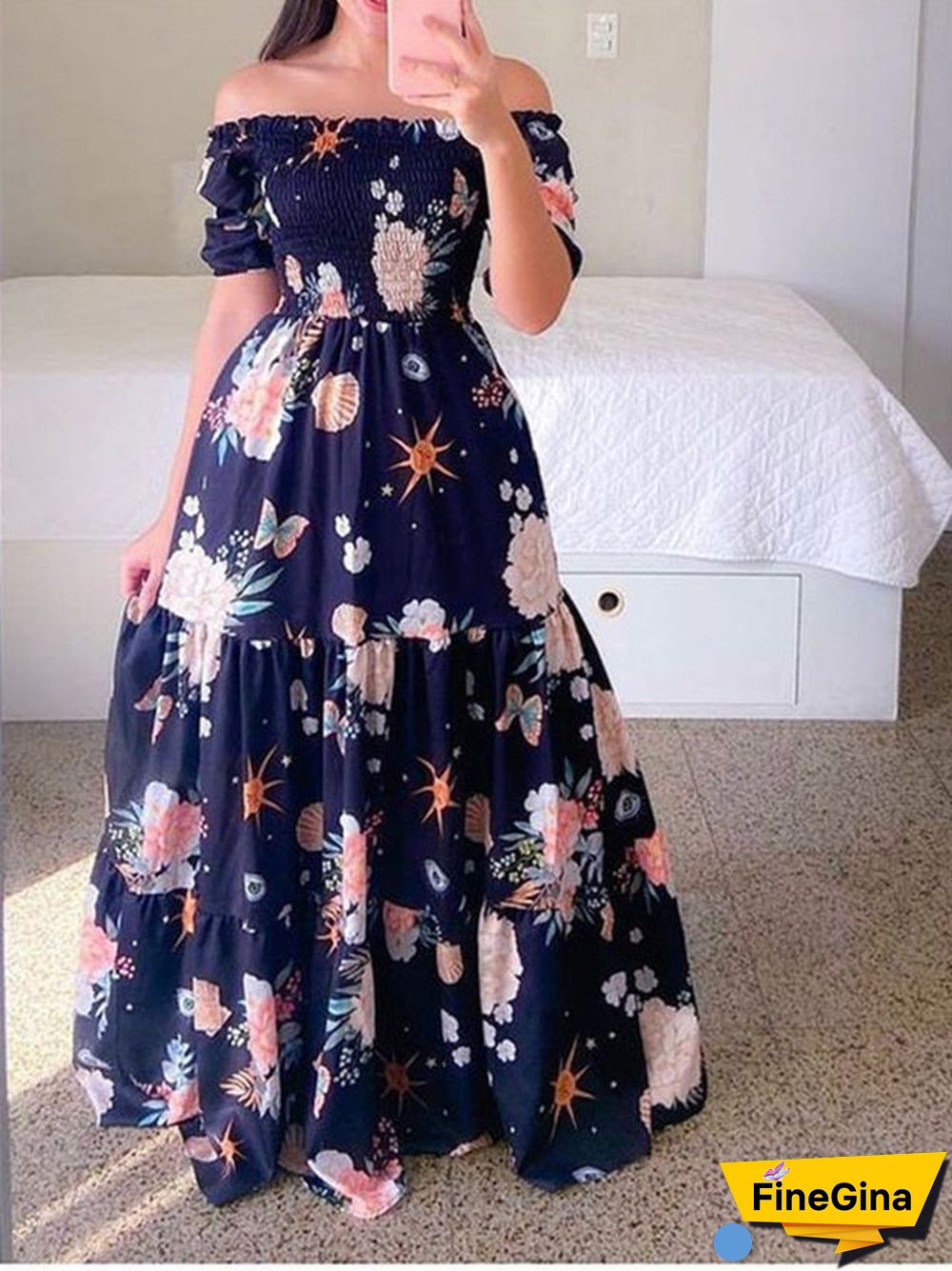 Women Sleeveless Off-shoulder Floral Printed Dress