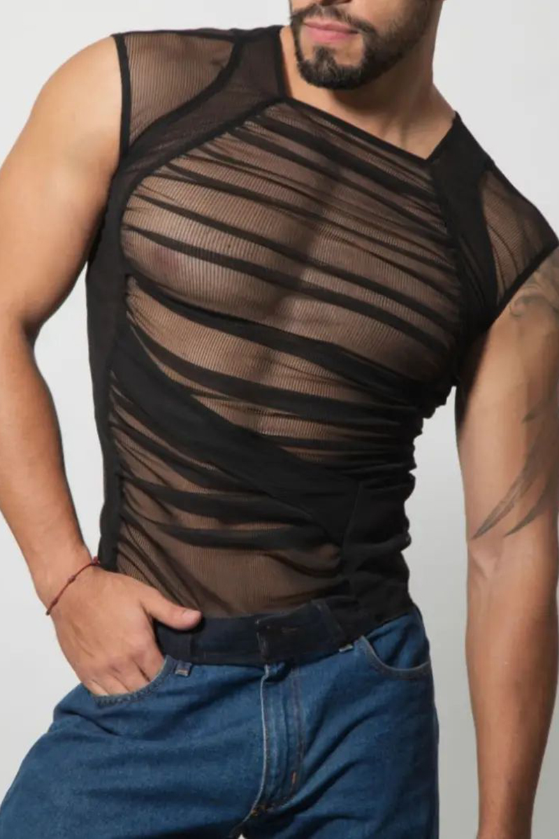 Ruched Mesh See-Through Casual Raglan Black Top