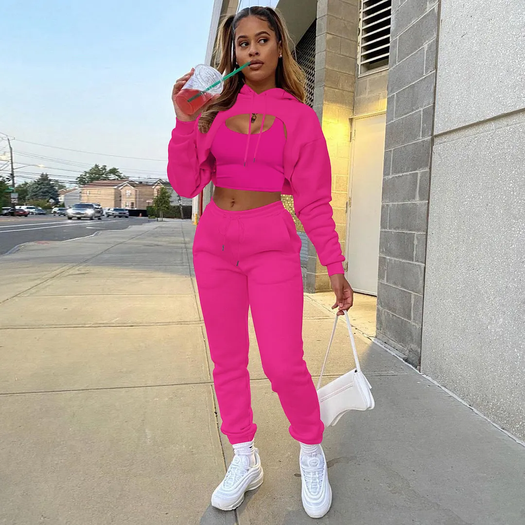 Womens Fashion Fleece Drawstring Solid Hoodies Long sleeve Pant Tank Top Three Piece