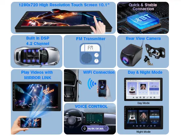 Product Introduction of 10.1" Rotatable Touch Screen Car Stereo Single Din - Android 13. Wireless CarPlay/Android Auto. 4-Core CPU. 2GB+32GB. GPS Navigation. Hi-Fi Sound. Bluetooth 4.2. AHD Backup Camera (Vertical Fit) 4