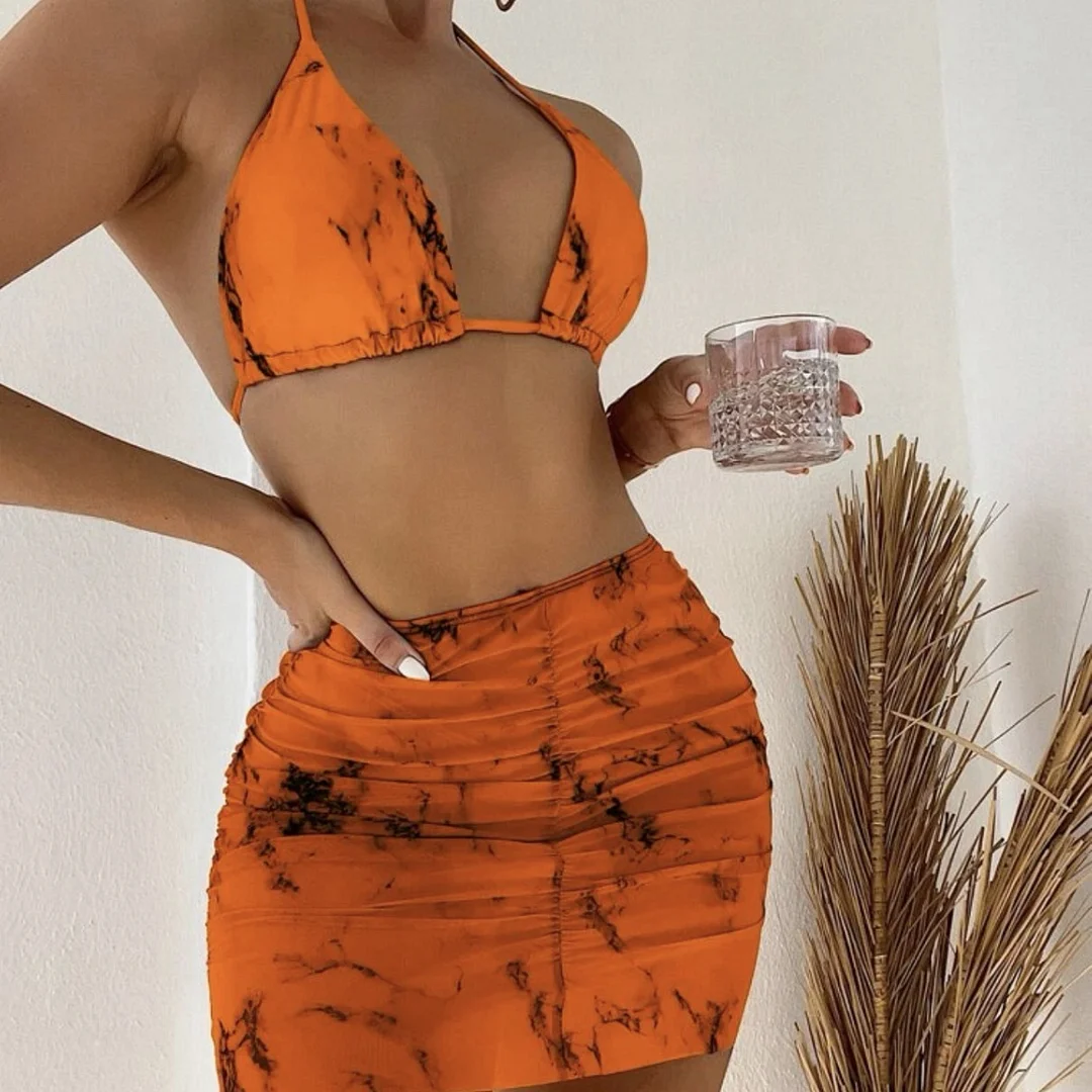 Brownm 2022 New Marble Printed Mesh Three-Piece Short Skirt Swimsuit Bikini