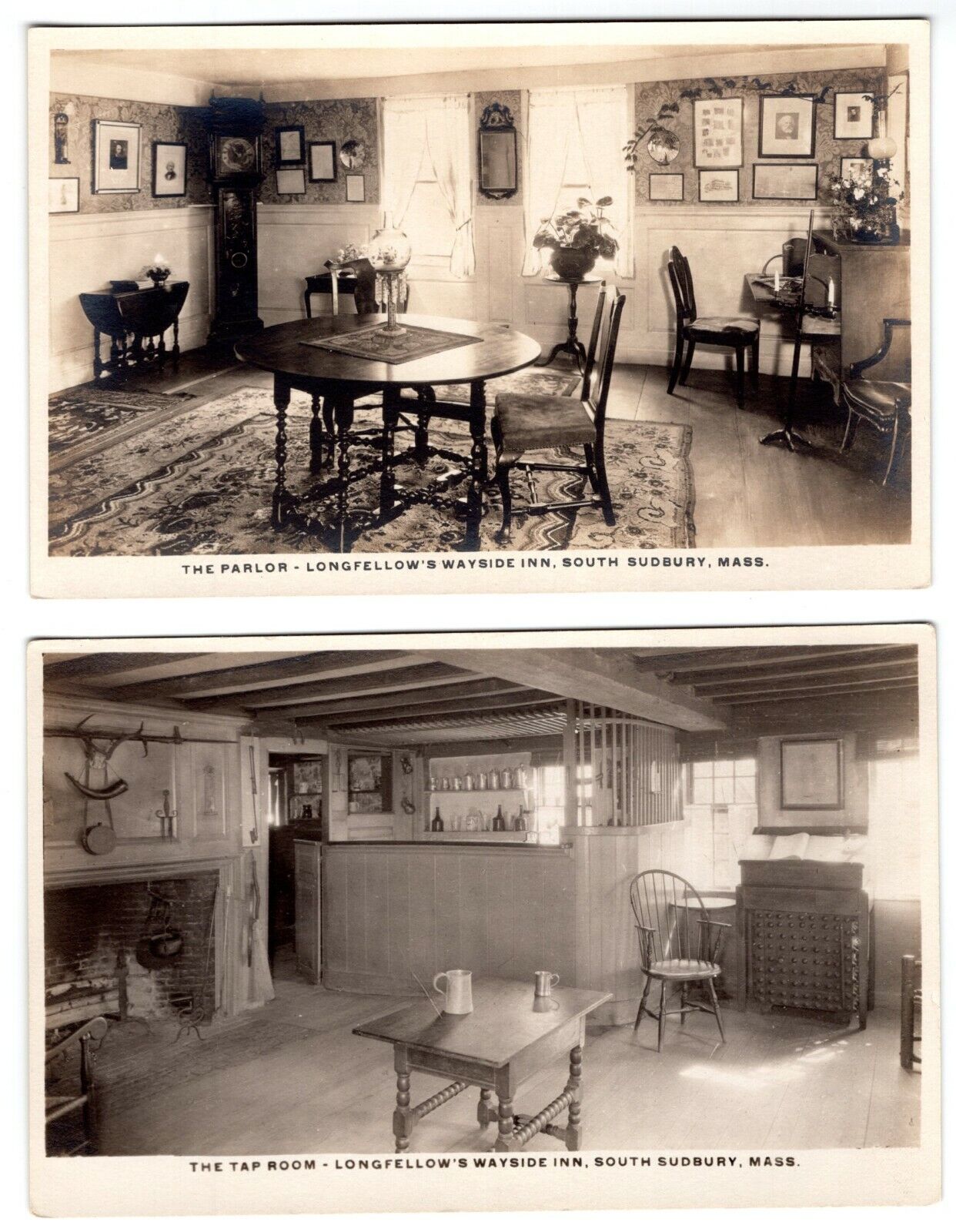 Longfellow's Wayside Inn Parlor Tap Room Mass. Lot of 2 Real Photo Poster painting RPPC Postcard