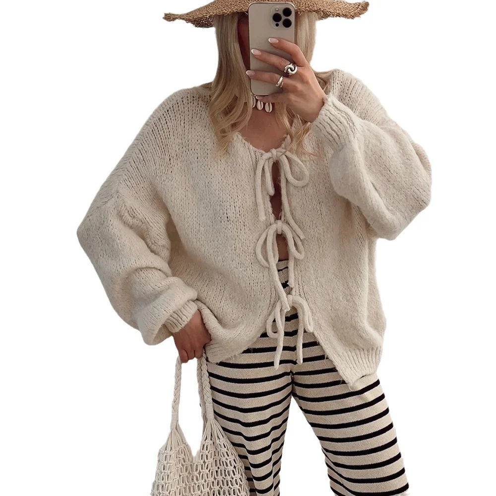 Wongn Wongn Autumn Winter New Round Collar Long Sleeve Top Pink Lace Sweater Lazy Wind Women's Cardigan Top