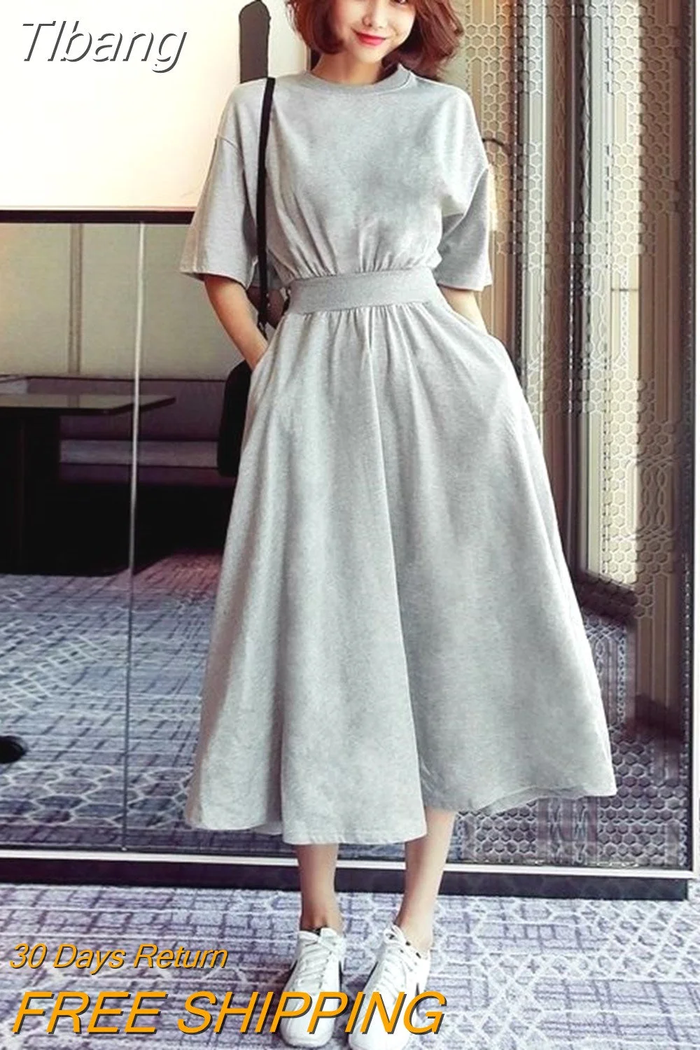 Tlbang Sleeve Dress Girl's Large Skirt Korean Half Sleeve Waist Long Skirt High Waist Round Neck Loose Casual Skirt Woman Dress