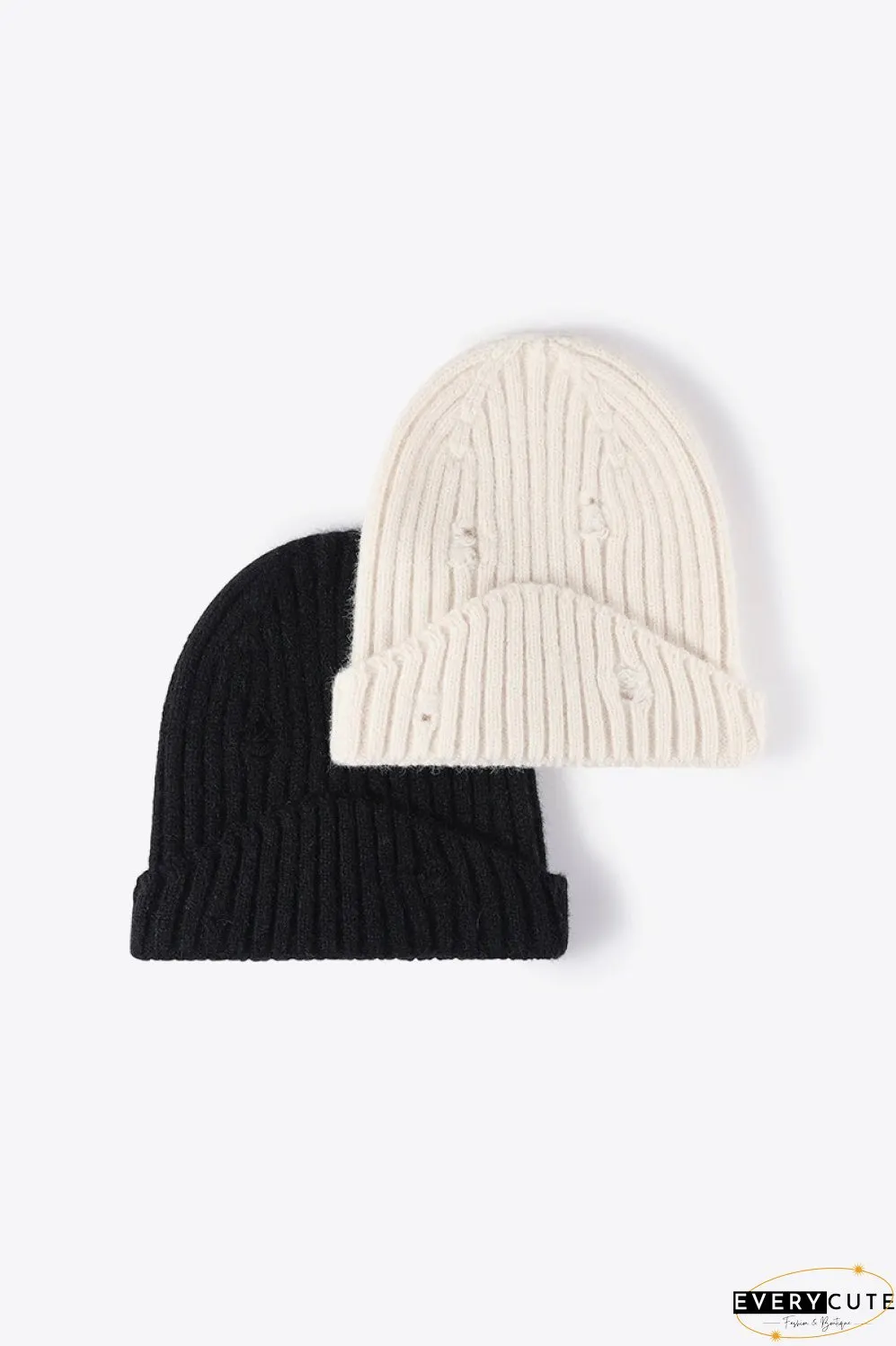 Distressed Rib-Knit Beanie