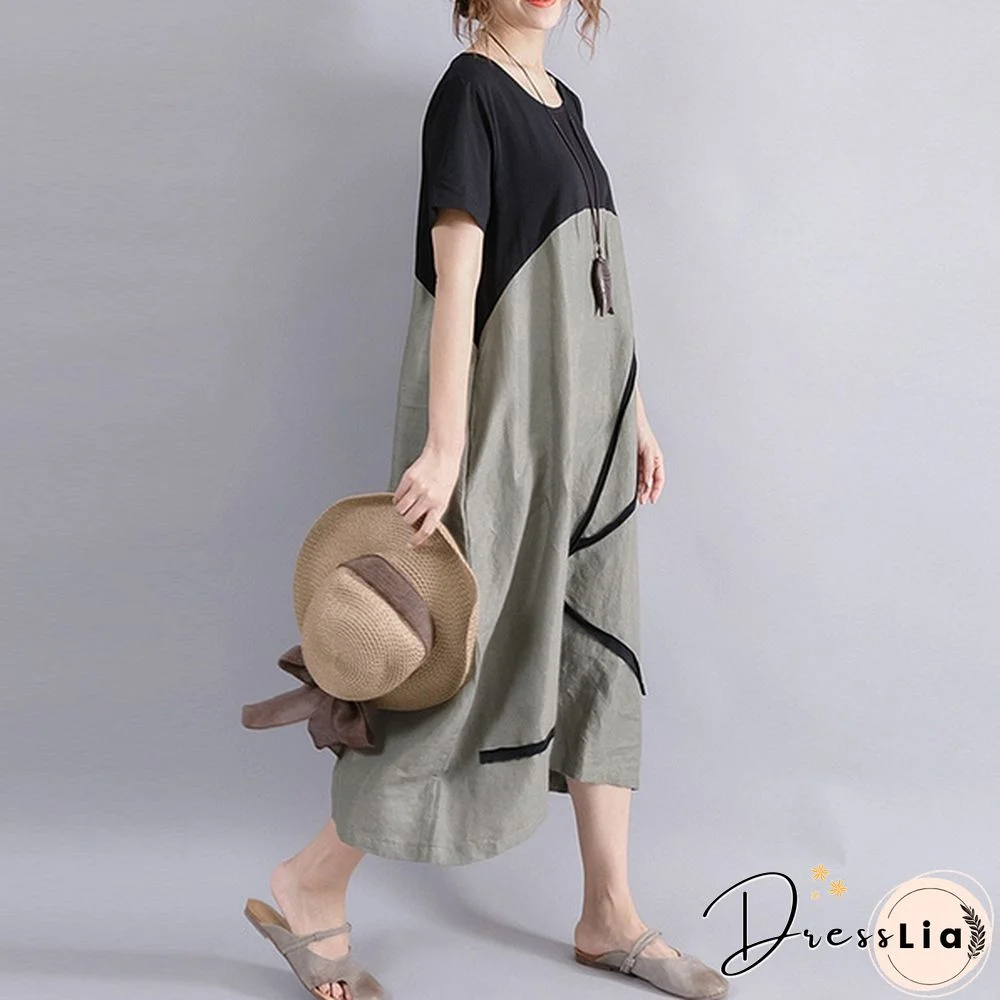 Boho Vintage Women Pullover Loose Patchwork Maxi Long Dress Casual Baggy Vestidos Robes