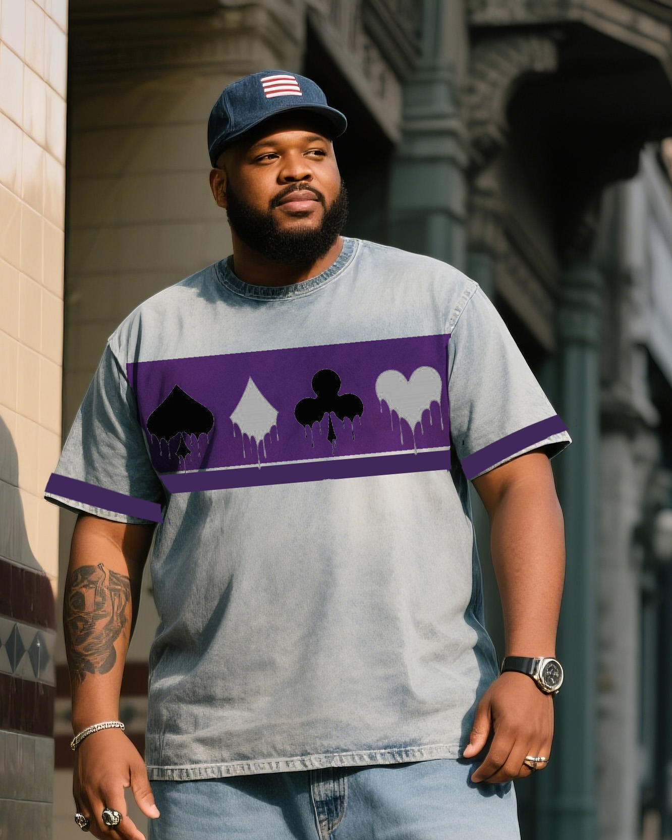 Plus Size Men's Fashion Street Personality Poker Flower Denim Short Sleeve Printed T-Shirt
