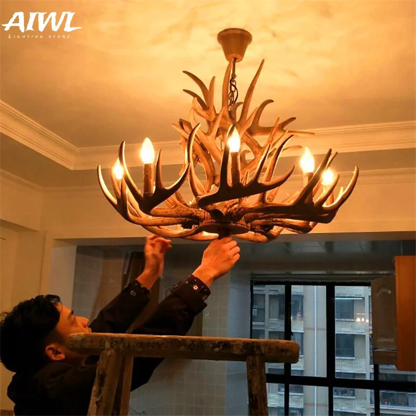 Nordic Candle Antler LED Chandelier American Retro Resin Deer Horn LED Pendant Lamps Home Decoration Lighting Kitchen Fixtures