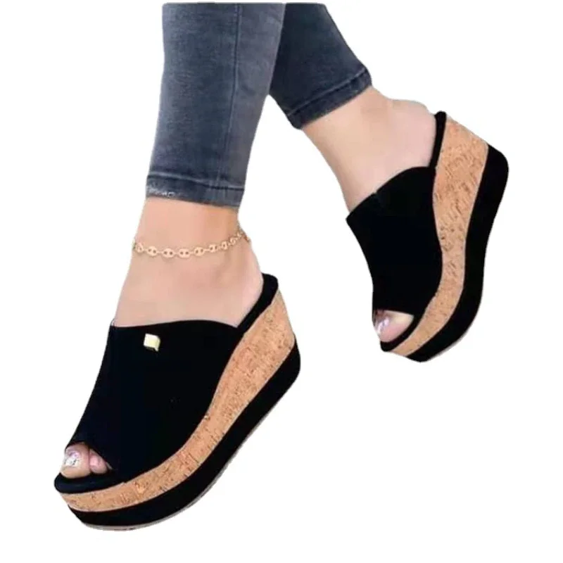 Qengg New Women's Casual Slippers Vintage Fish Mouth Platform Wedge Sandals Slip-on Fashion Flat Beach Shoes Chaussure Ete Femme