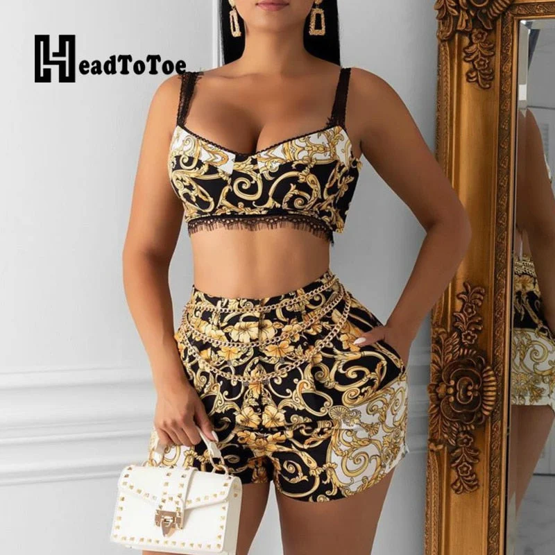 Graduation Gifts  Fashion Print Cami Top & Short Sets Summer 2 Piece Outfits for Women  V Neck Thick Strap Crop Tops and High Waist Shorts Set