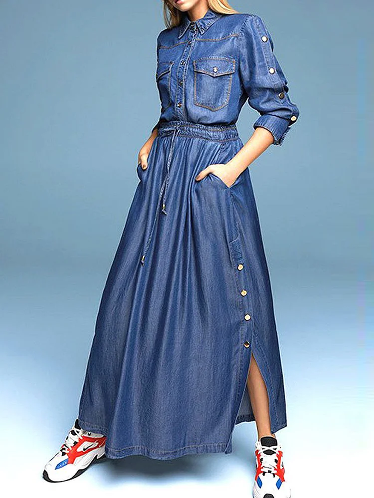 Casual Elastic Waist Side Button Split Denim Shirt Midi Dress