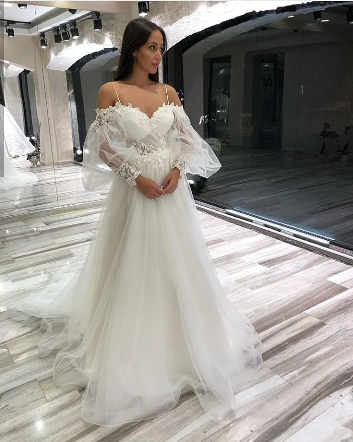 long sleeve with spaghetti strap dress A-Line Off-the-Shoulder Long Sleeves Spaghetti-Straps Wedding Dress With  Appliques Lace Tulle